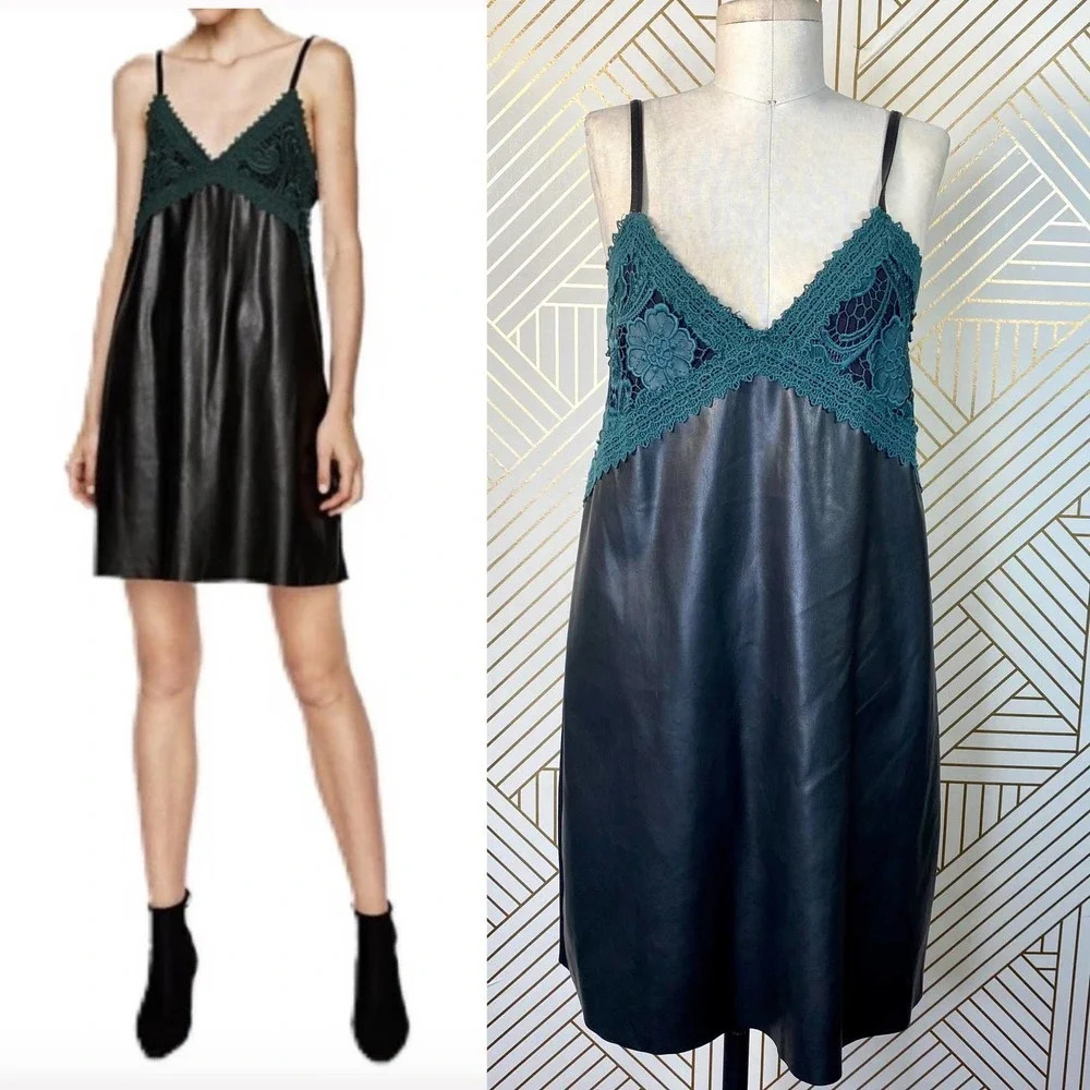 Zara Dress Faux Leather‎ Crochet Embroidered Slip Mini Black Green Size Small